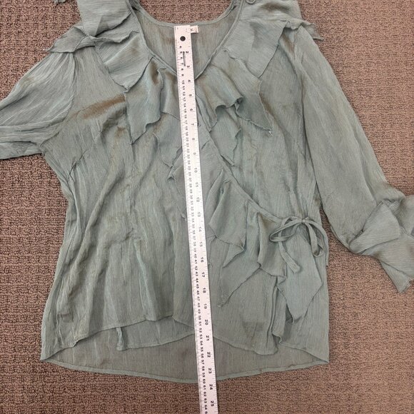 Vintage Jaipar Shirt Large Green V Neck 3/4 Sleeves Sheer Handkerchief Blouse - Picture 4 of 12